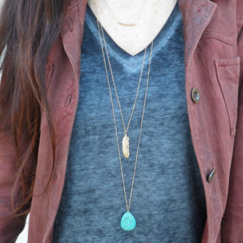 欧美时尚简约 套索绿松石珠大树叶 百搭女士多层项链