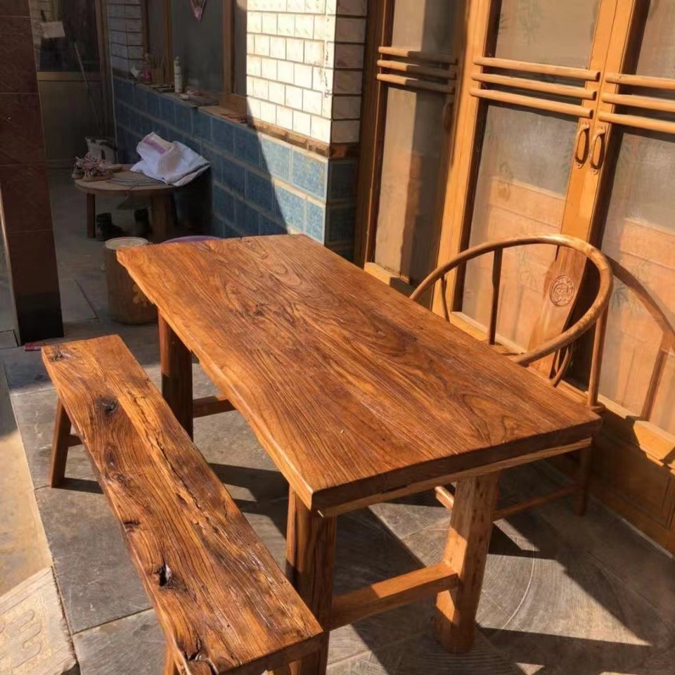 供应复古老榆木餐桌 快餐店条桌 中式大料圆桌椅定 制