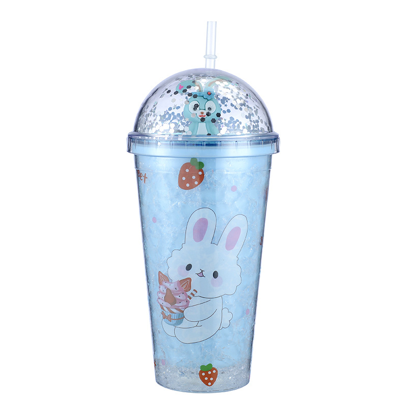 New Creative Cartoon Double Plastic Straw Cup Bunny with Straw Summer Ice Cup Children's Led Cup with Light