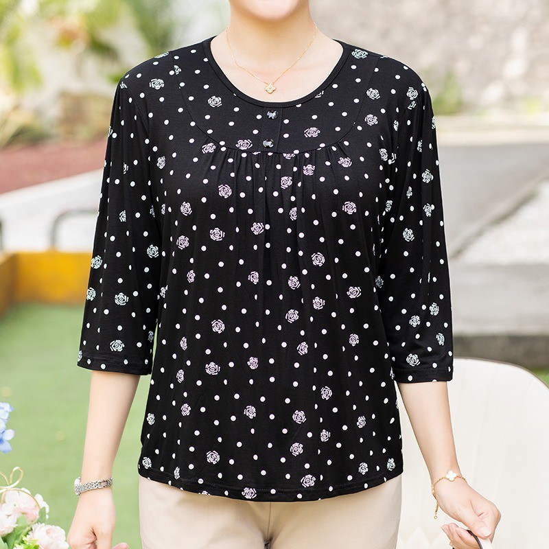 中老年人妈妈装七分袖上衣宽松大码女装t恤显瘦奶奶装加肥加大