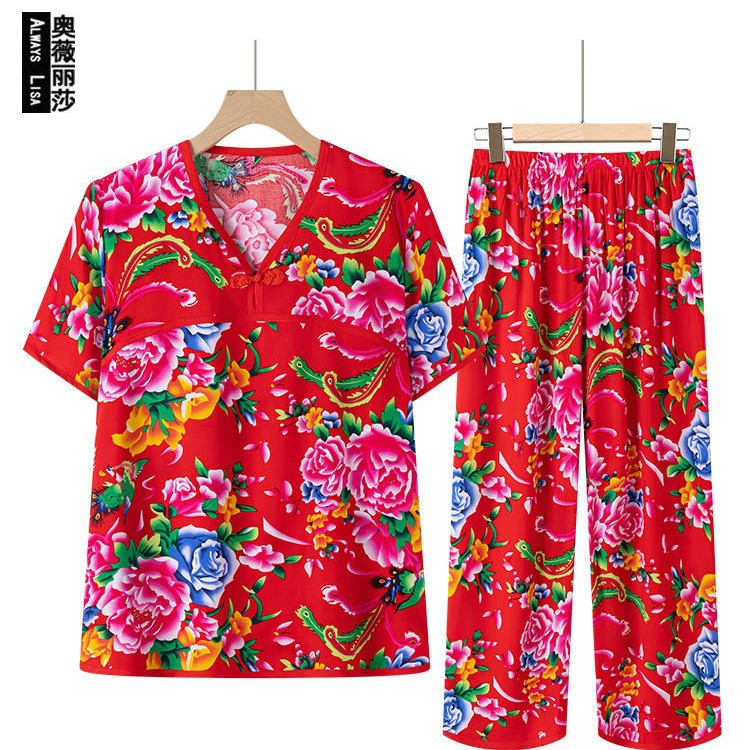 夏季棉绸睡衣家居服套装东北大花演出服装女士七分裤短袖v领t恤衫