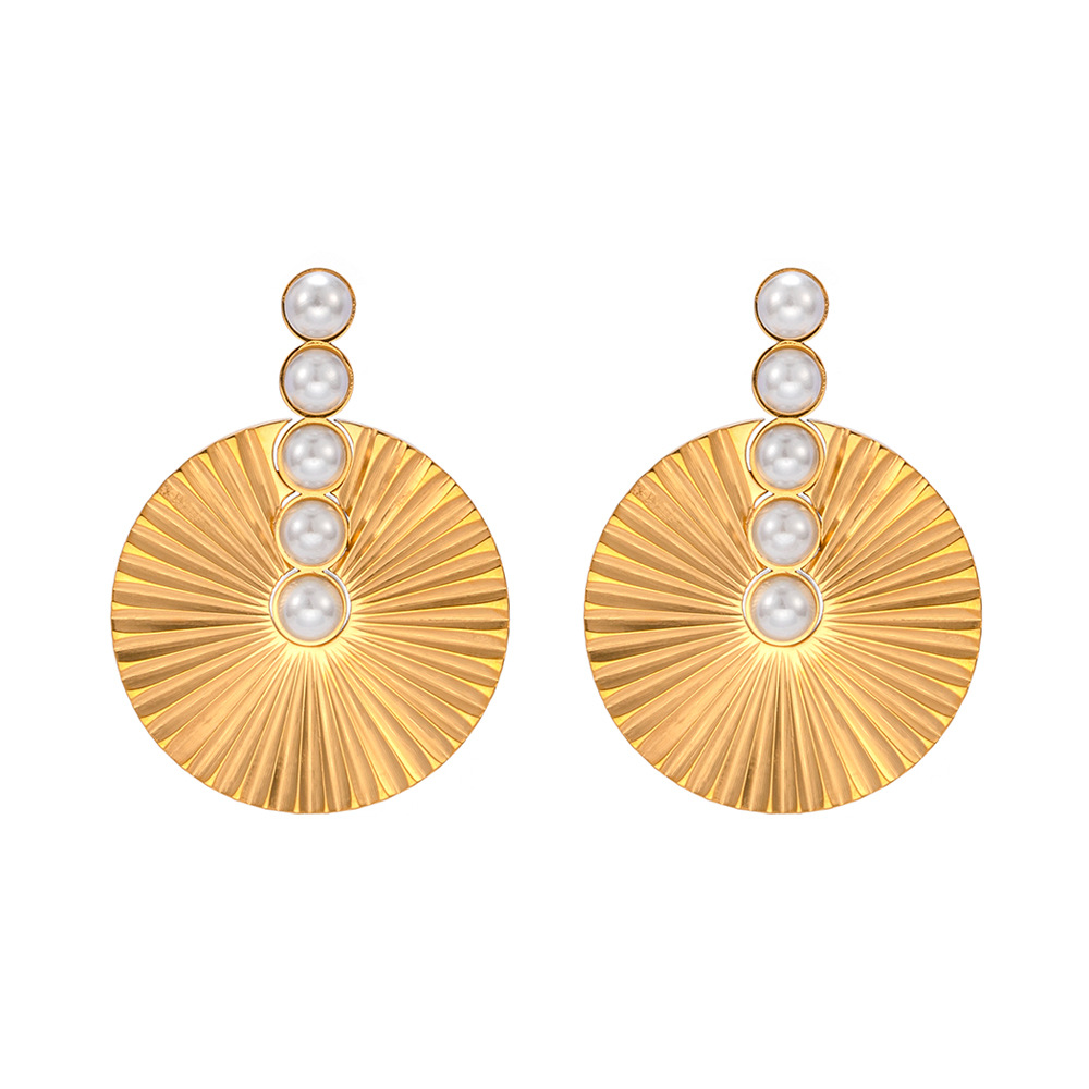 French Ins Geometric Trend Advanced Sense Stainless Steel Earrings 18K Gold Stainless Steel Inlaid Pearl round Scallop Earrings