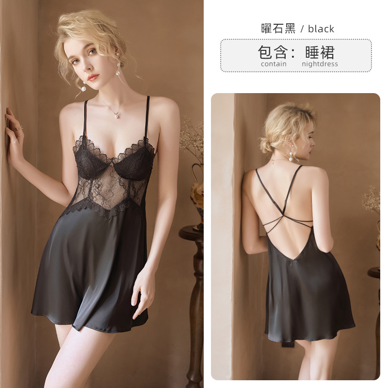 Spring and Summer New Sexy Pure Desire Ladies' Homewear with Chest Pad Push up Sling Nightdress Ice Silk Suit 3128
