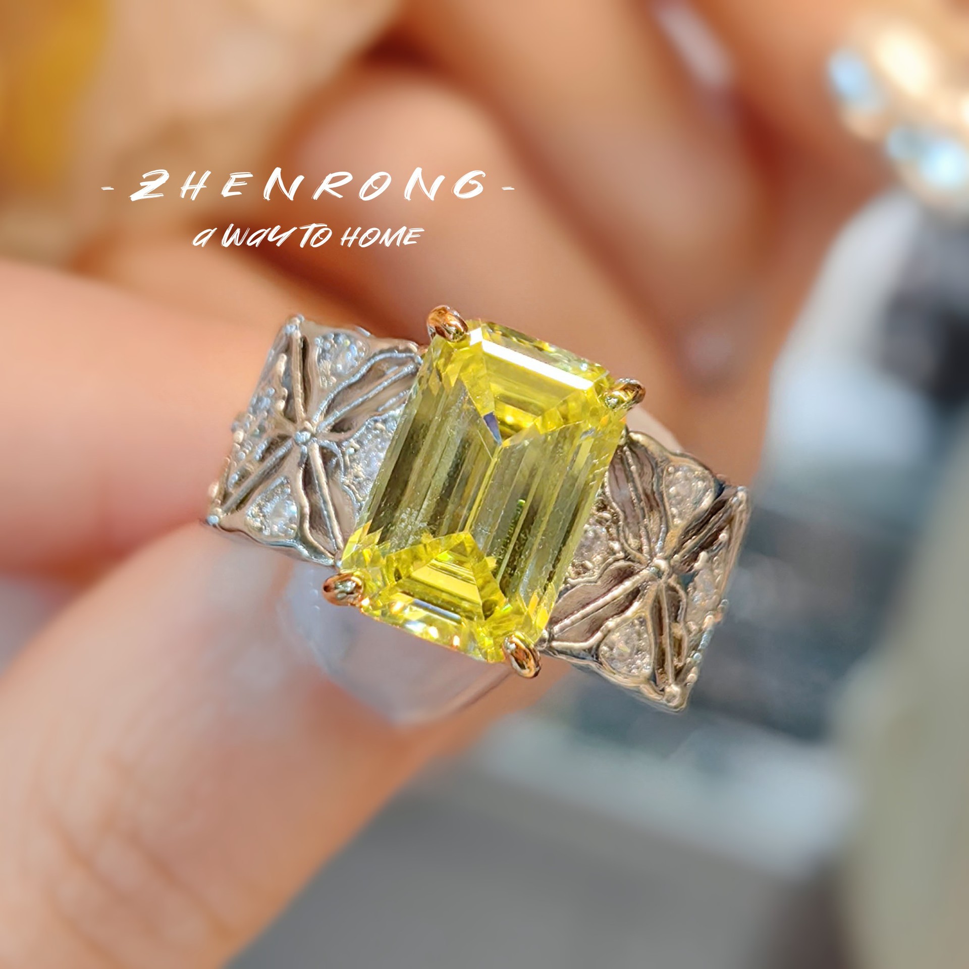 vintage中古风高碳钻阿斯切黄钻戒指简约百搭带棉祖母绿指环女戒