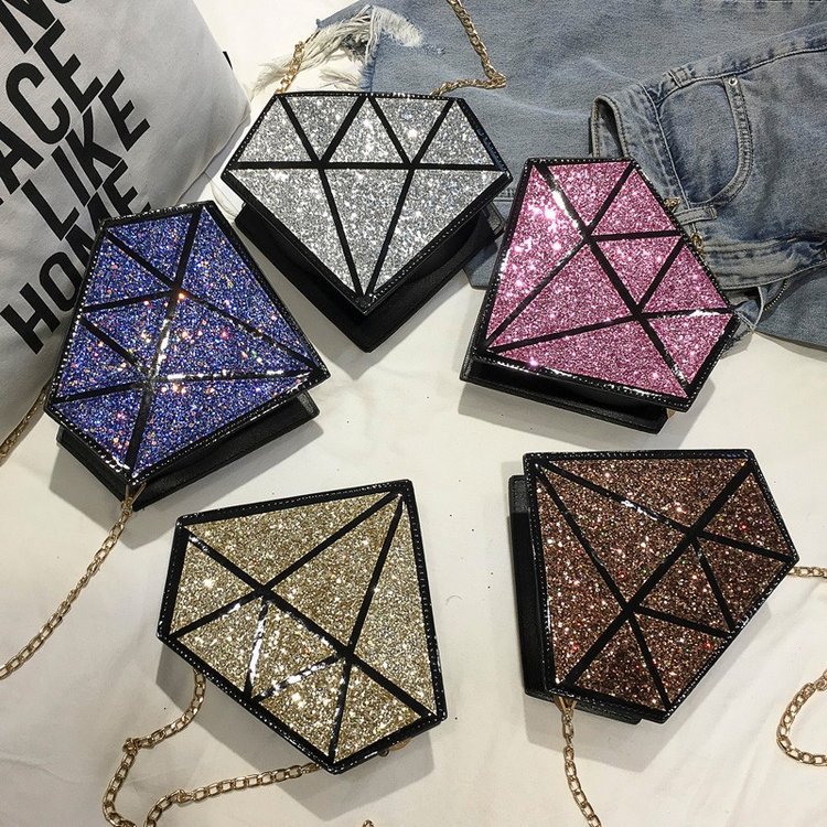 Factory Customized Korean Women Bag Diamond-Shaped Crossbody Bag Girls' Chain Bag Fashionable Stylish Outfit Sequined Shoulder Bag