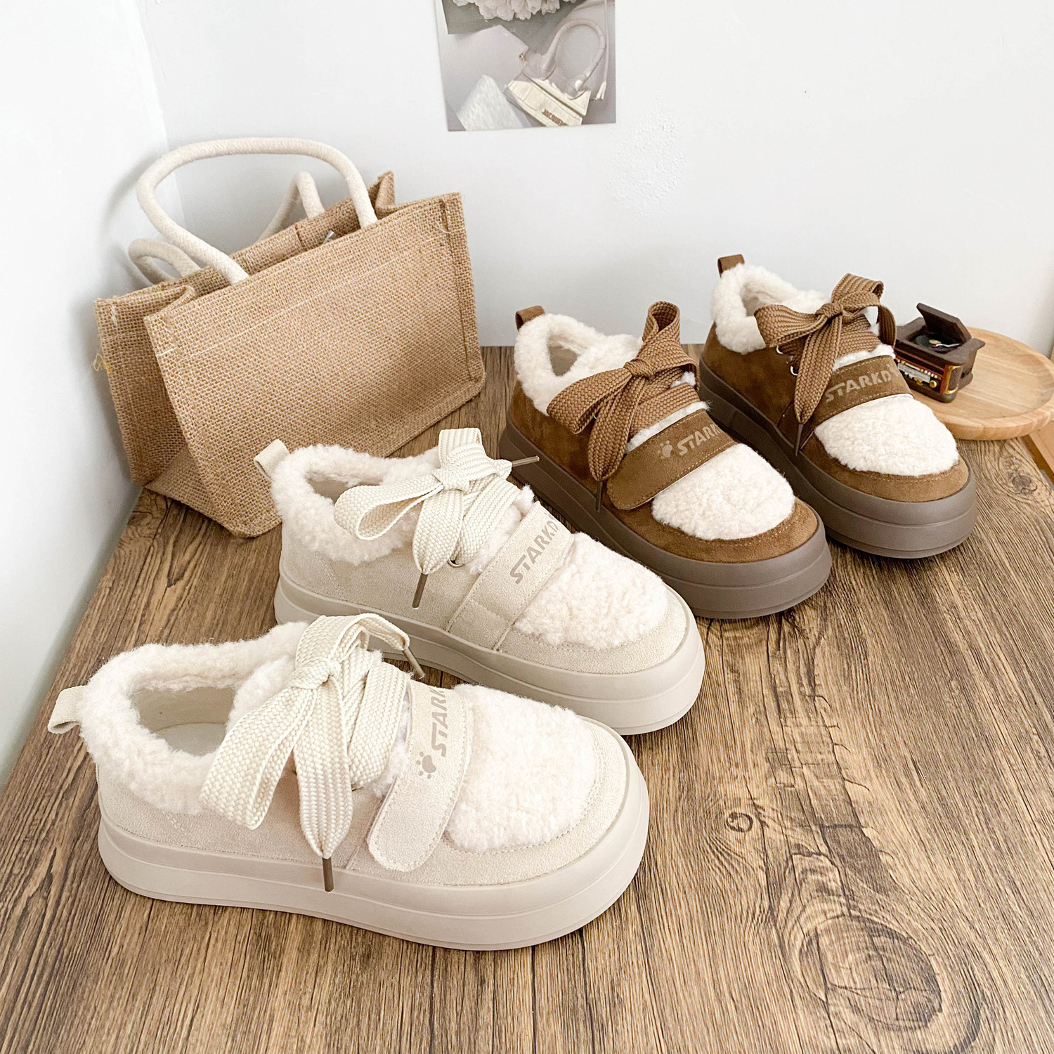 BE-6918乳胶鞋垫/魔术贴加绒2025新款原创羊羔绒板鞋小白鞋女棉鞋