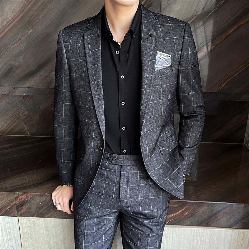 腾润丨韩版修身西装男士帅气格子西服套装男宴会礼服伴郎男小脚裤