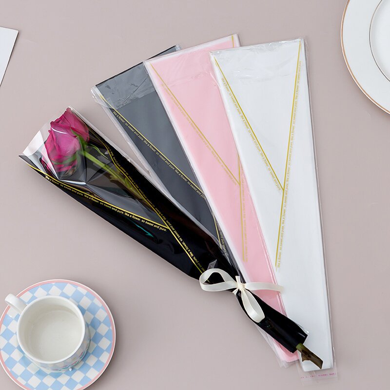 现货金三角七夕节花束包装袋单支玫瑰花opp防水包装纸花带diy材料