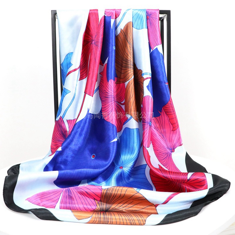 90cm Retro Elegant Satin Printed Large Kerchief Women's Four Seasons Universal All-Match Scarf Neck Scarf Small Shawl