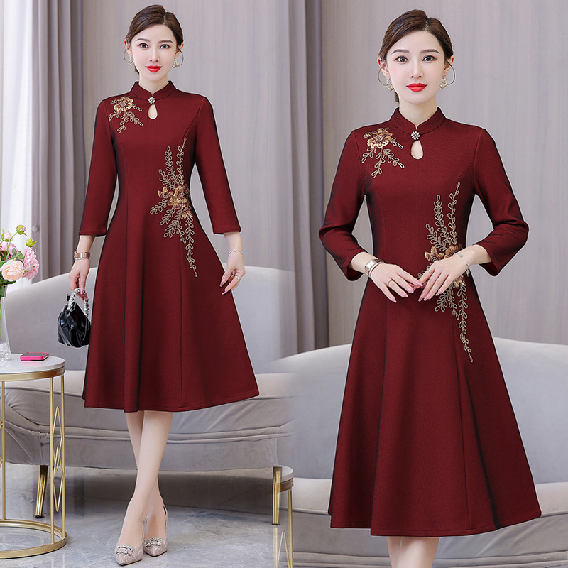 喜婆婆婚宴装婚礼妈妈中式礼服女高贵丈母娘旗袍连衣裙长袖加大码