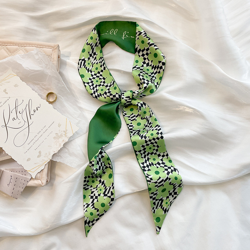 Green French Style Hair Band Spring/Summer Thin Vintage Flower Scarf Women's Small Long Ribbon Decorative Scarf Ribbon