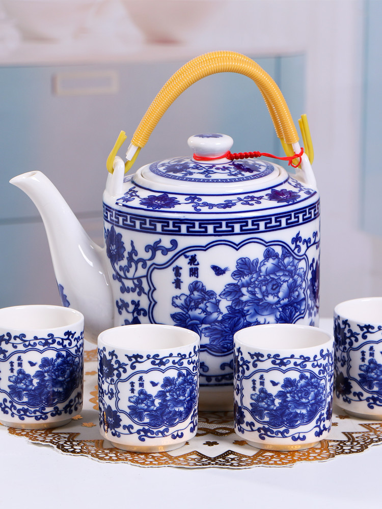 景德镇茶壶大号青花瓷冷水壶家用陶瓷大容量凉水壶老式提梁壶泡茶
