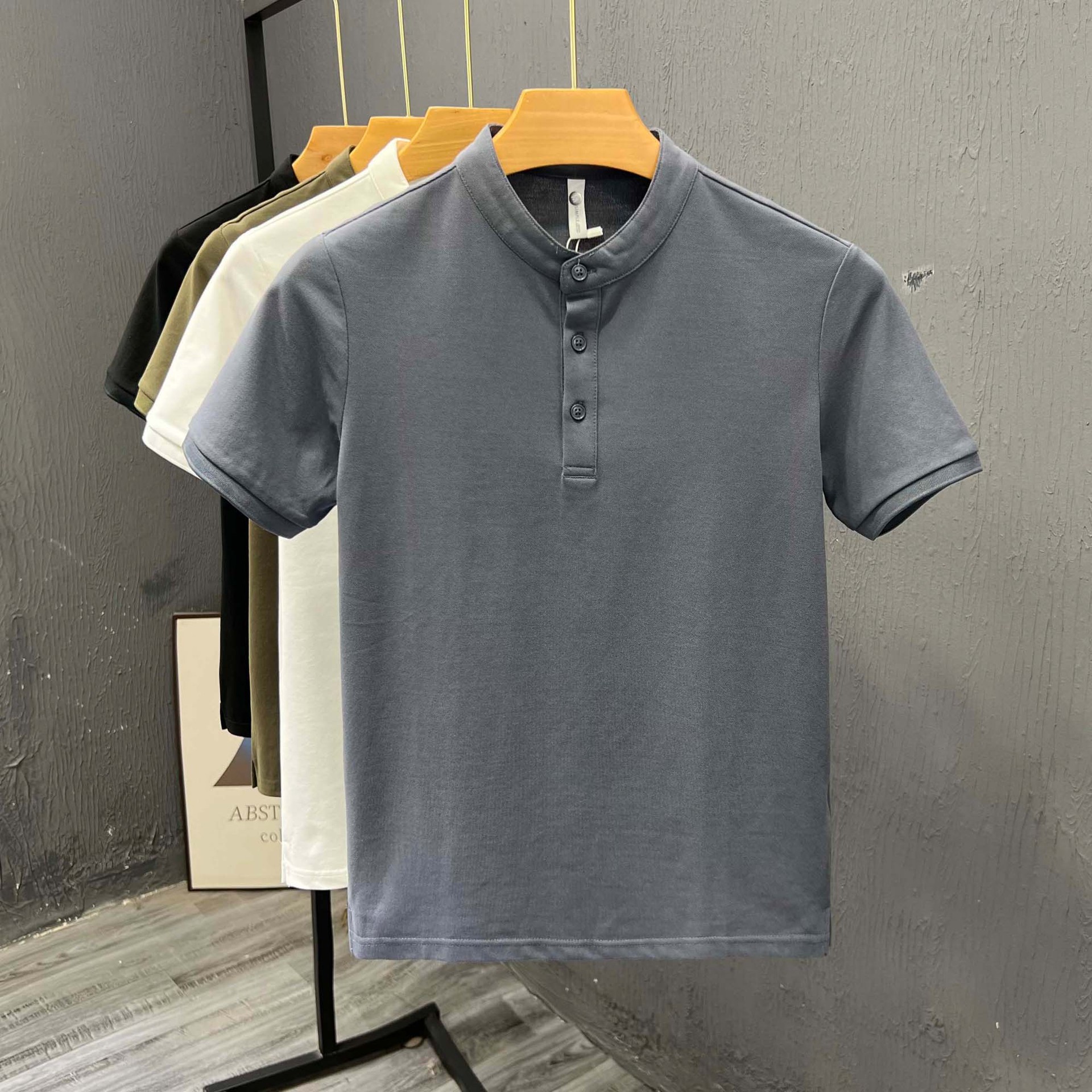 潮牌小立领短袖t恤男夏季薄款时尚百搭半袖男士中山领修身体恤衫