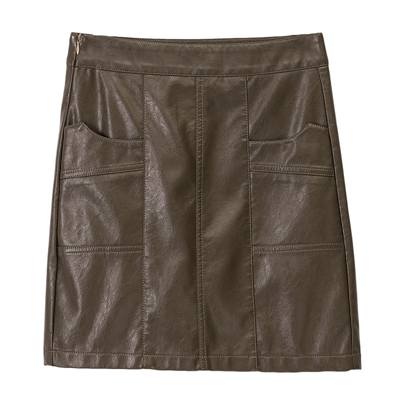 Fall 2023 New High Waist Slimming All-Matching A- line Skirt Small Leather Skirt Korean Style Western Style Youthful-Looking Solid Color Hip Skirt