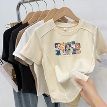 7018(印图款)卡通印花短袖T恤夏季女童中大儿童装纯棉后包领上衣