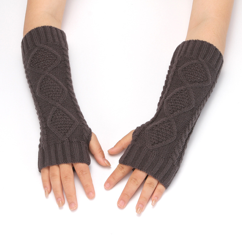 跨境针织手套女冬毛线半指手套冬季保暖露指长款菱形格子手臂套