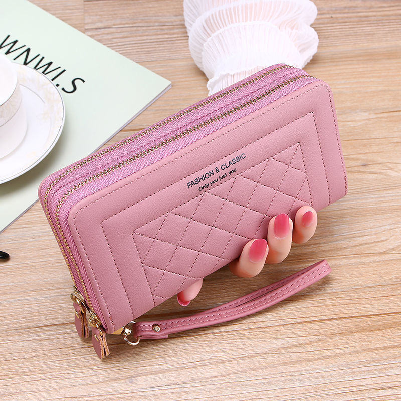 Solid Color Women Bag Embroidery Thread Wallet Female Long Clutch Korean Style Mobile Phone Bag Double Zipper Rhombus Large Capacity Card Holder