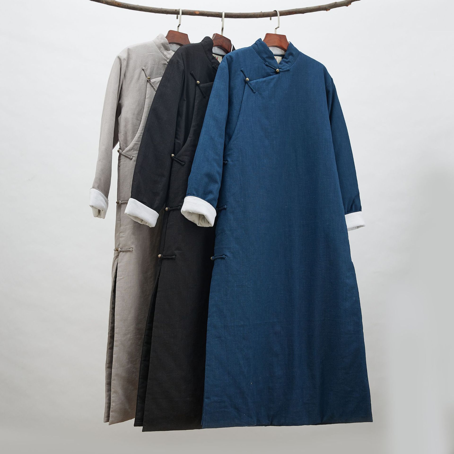 秋冬唐装夹棉盘扣棉袄长衫 两侧口袋带里衬相声大褂演出长袍马褂