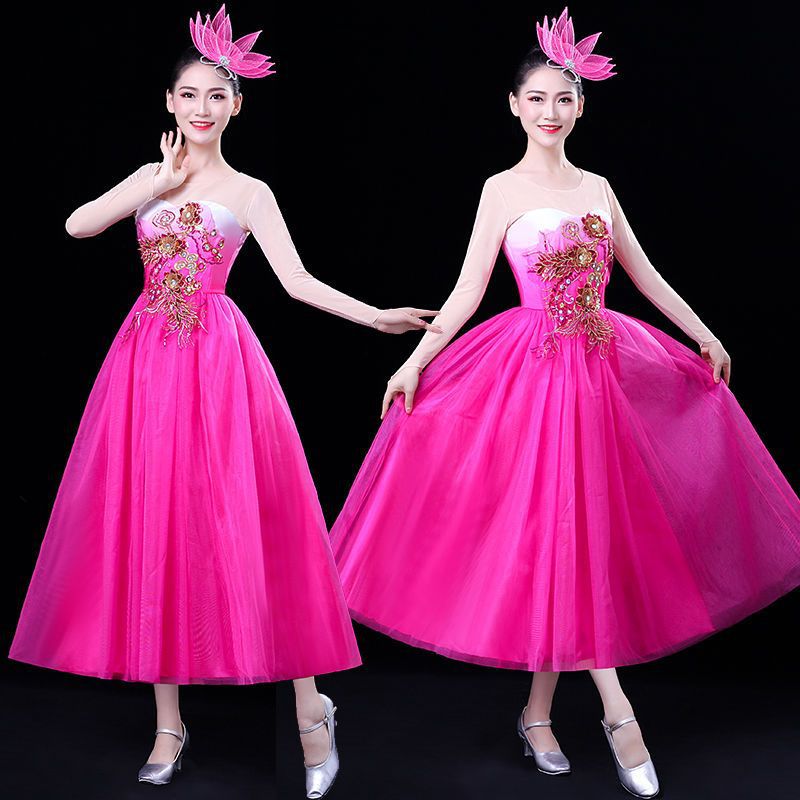 新款开场舞大摆裙女初中高中成人大合唱演出服装中国风民乐长裙