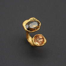 中古莱茵石素圈戒指开口可调节大颗宝石镶嵌手饰做旧真金电镀