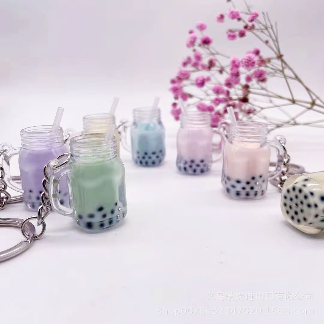 Creative Simulation Bubble Milk Tea Cup Keychain Bag Car Key Ring Pendant Milk Tea Shop Small Gift Hand Office