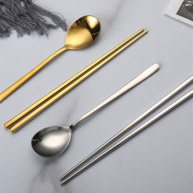 韩国筷子实心扁筷304实心勺子金色家用方形筷子餐厅烤肉餐具