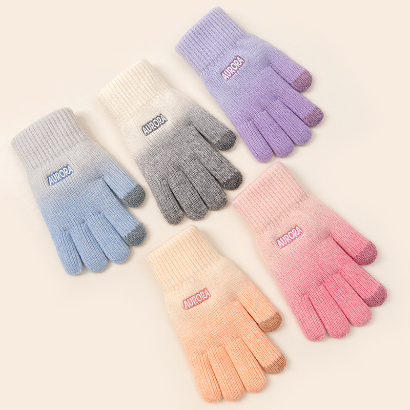 Gradient Wool Keep Warm Gloves Women's Autumn and Winter Students Korean-Style Riding Knitted Five-Finger Cold-Proof Touch Screen Wholesale