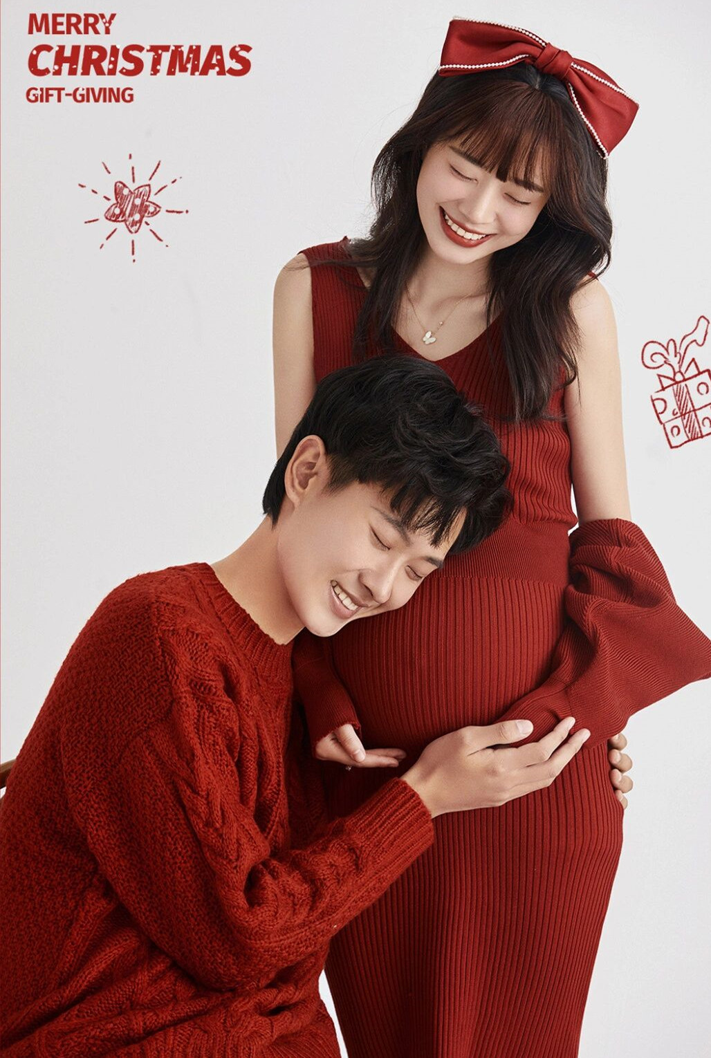 新款情侣孕妇照服装影楼红色新年主题唯美孕妈咪大肚照写真艺术照