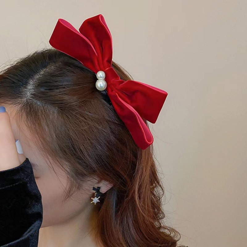 秋冬丝绒红色蝴蝶结珍珠发夹女网红气质甜美顶夹后脑勺鸭嘴夹头饰