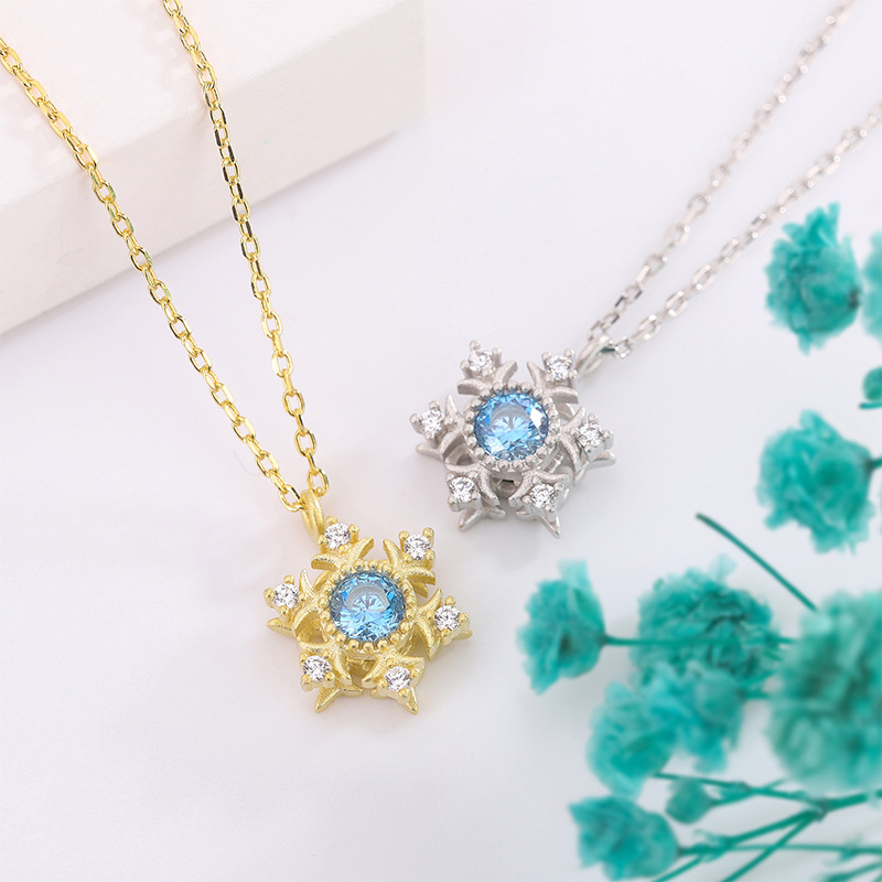 闪钻雪花吊坠s925纯银镶钻雪花项链女宴会气质复古蓝宝石首饰品