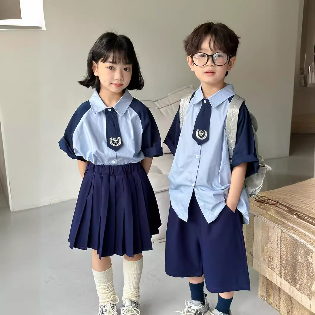 童套装代发2024夏男女童韩版百褶裙领结套装儿童短袖校服兄妹装