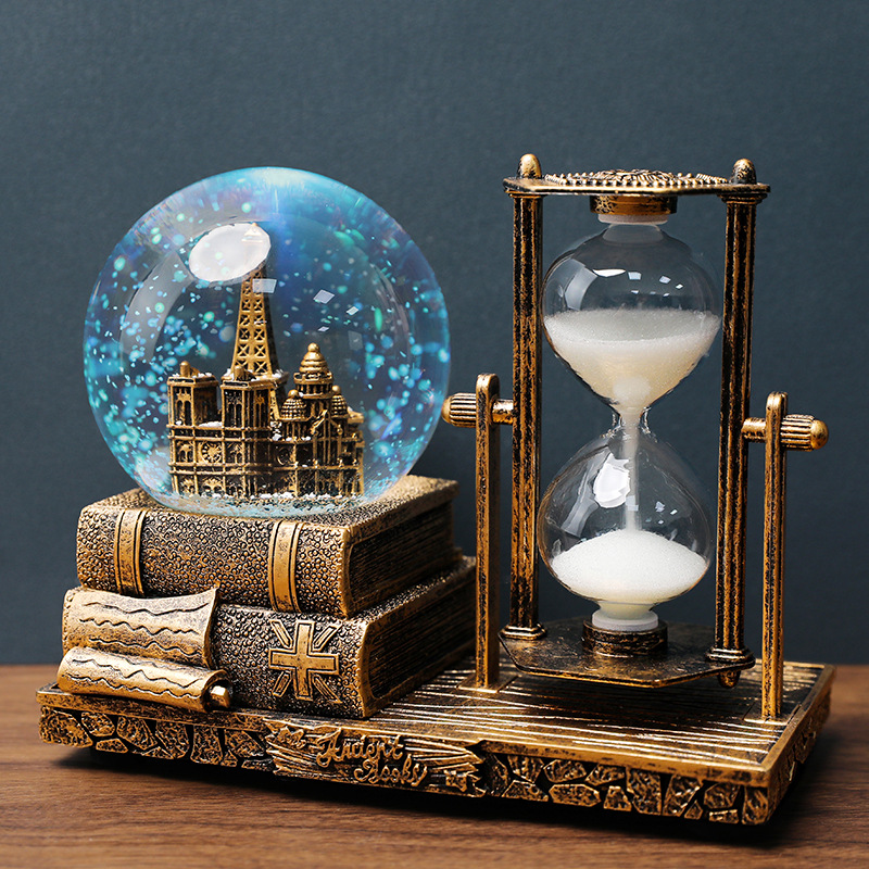 Retro Tower Hourglass Timer Crystal Ball Music Box Luminous Desktop Decoration Student Graduation Christmas Gift