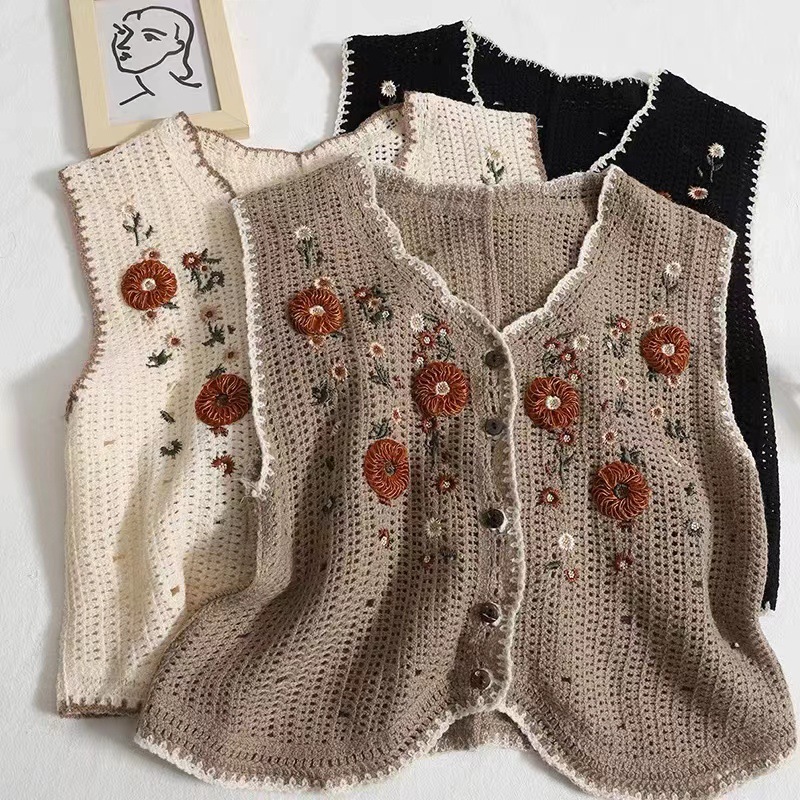 钩花镂空马甲背心女春夏新款法式小众花朵刺绣手钩针织开衫小外套