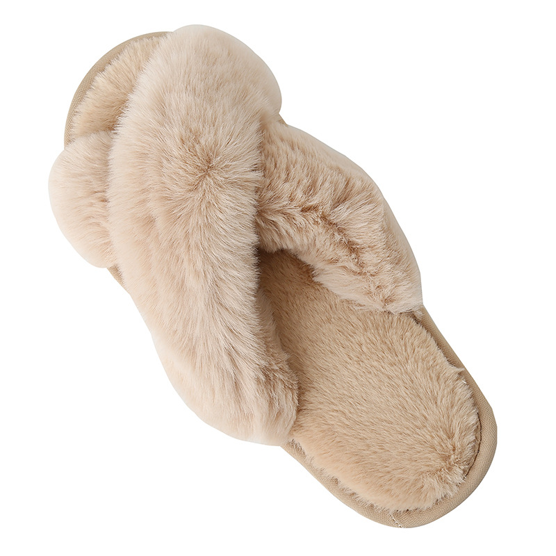 Amazon Slippers Winter Plush Cross Strap Slippers Cotton Indoor Warm plus-Sized Fluffy Slippers Women's High and Low Imitation Rabbit Fur
