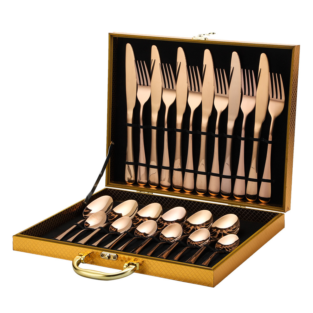 Amazon Hot Products Stainless Steel Tableware 24-Piece Set 1010 Four Main Pieces Knife, Fork and Spoon Cross-Border Wooden Box Set