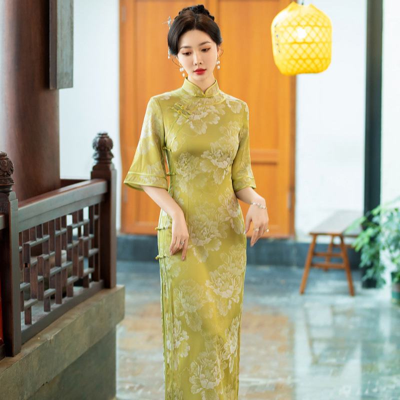 2024夏季新款复古国风人丝提花长款旗袍女高端贵气日常修身连衣裙