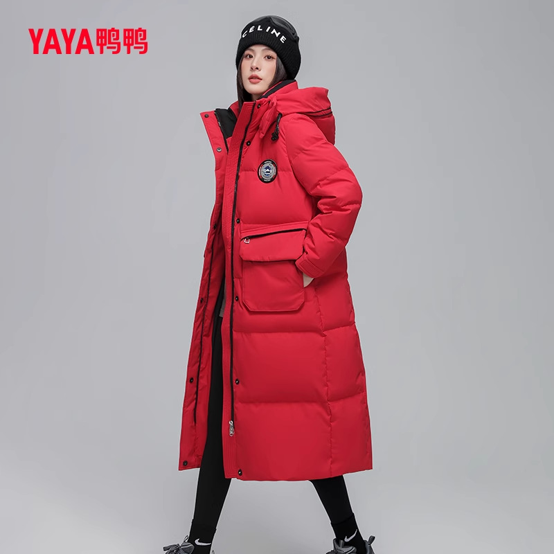 鸭鸭羽绒服女长款过膝2023秋冬新款立领连帽显瘦加厚百搭鸭绒外套