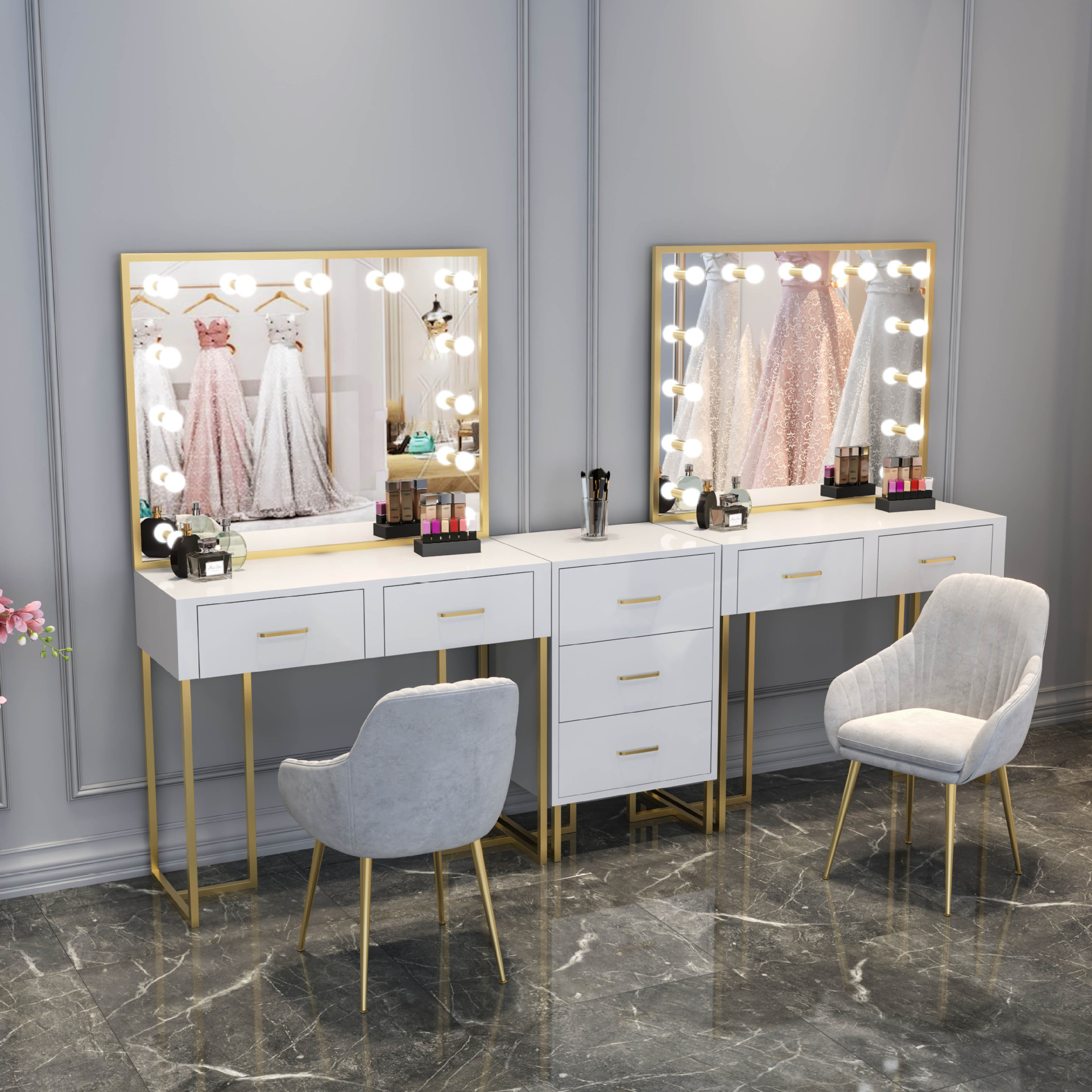 影楼化妆台带灯彩妆婚纱店梳妆台专业化妆师美容院专用大理石桌