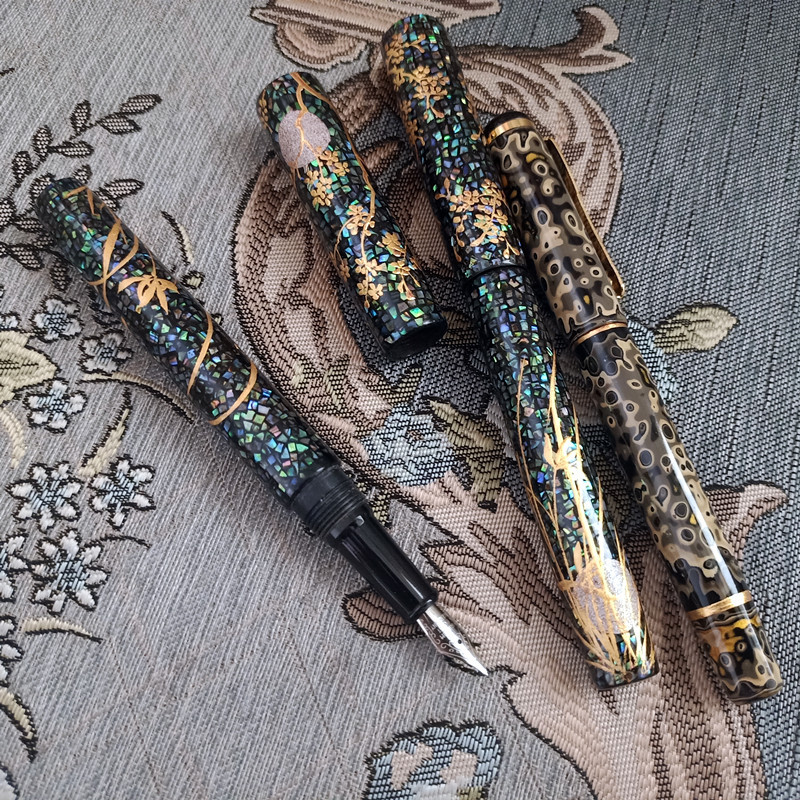 传统大漆莳绘工艺钢笔螺钿满天星荷塘映月签字笔老漆国漆收藏钢笔