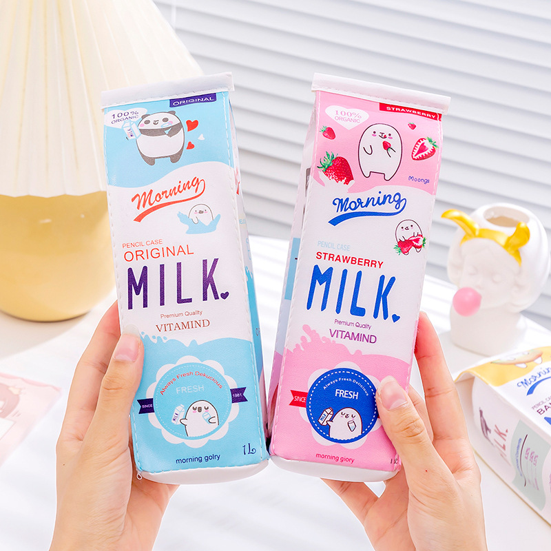 Cartoon Fun Milk Pencil Case Male and Female Primary and Secondary School Students Large Capacity Pencil Case Creative Pu Stationery Case Order Logo