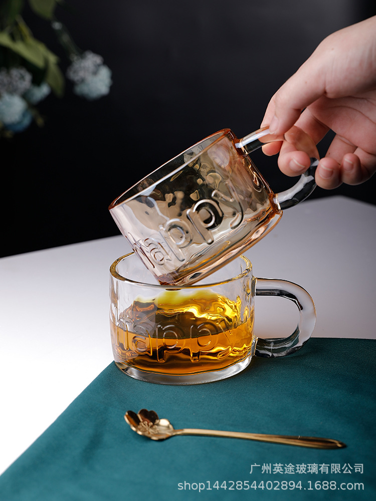 一起happy玻璃杯开心杯创意杯子透明玻璃杯高颜值家用牛奶早餐杯