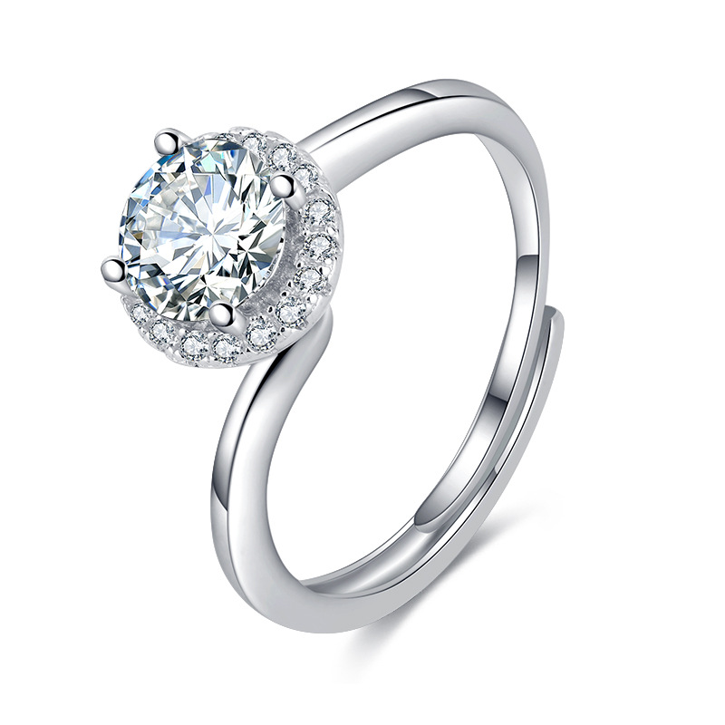 纯银s925莫桑石一克拉侧边包围微镶钻经典四爪开口百搭钻石戒指女