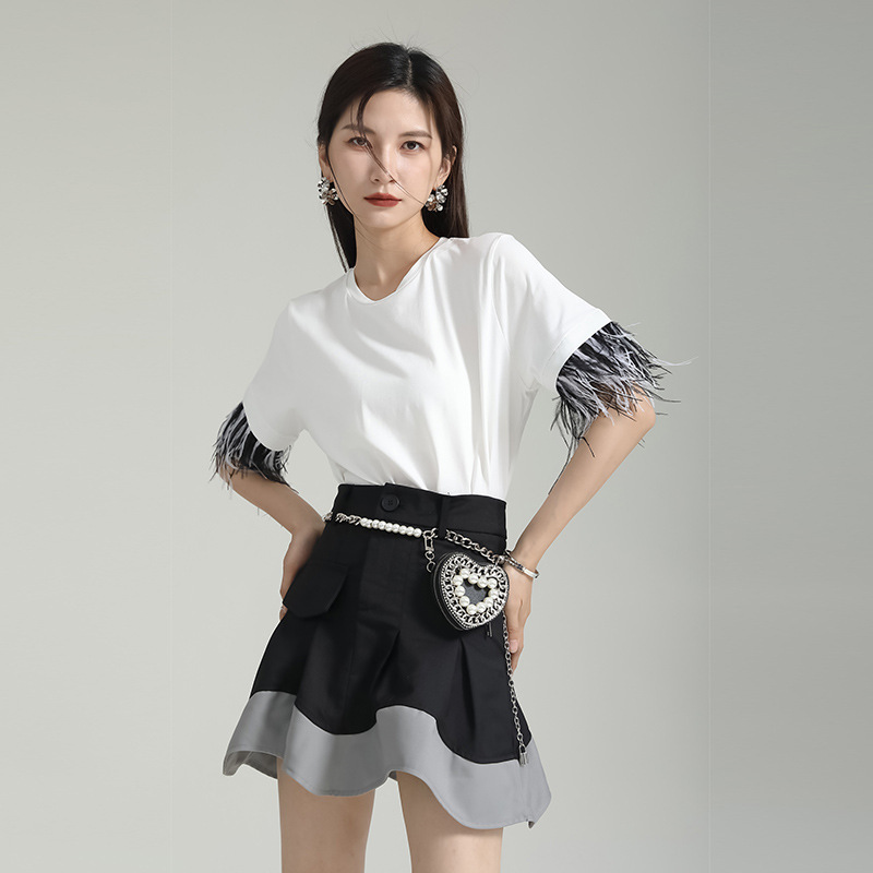 夏季新款h型袖口羽毛针织宽松短袖t恤女装圆领上衣ppp-阿里巴巴