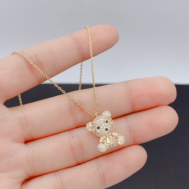 铜镀真金吊坠 微镶满钻小熊项链时尚高级感感泰迪熊锁骨链饰品
