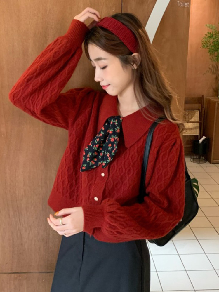 秋冬季宽松外穿娃娃领短款毛衣慵懒风韩版女圣诞节新年红色针织衫