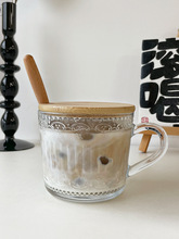 玻璃杯带盖勺牛奶杯带把手高颜值咖啡杯家用复古浮雕燕麦早餐杯子