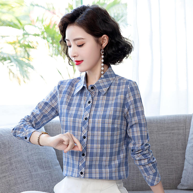 纯棉格子衬衫女长袖春秋季新款时尚韩版休闲上衣妈妈百搭打底衬衣