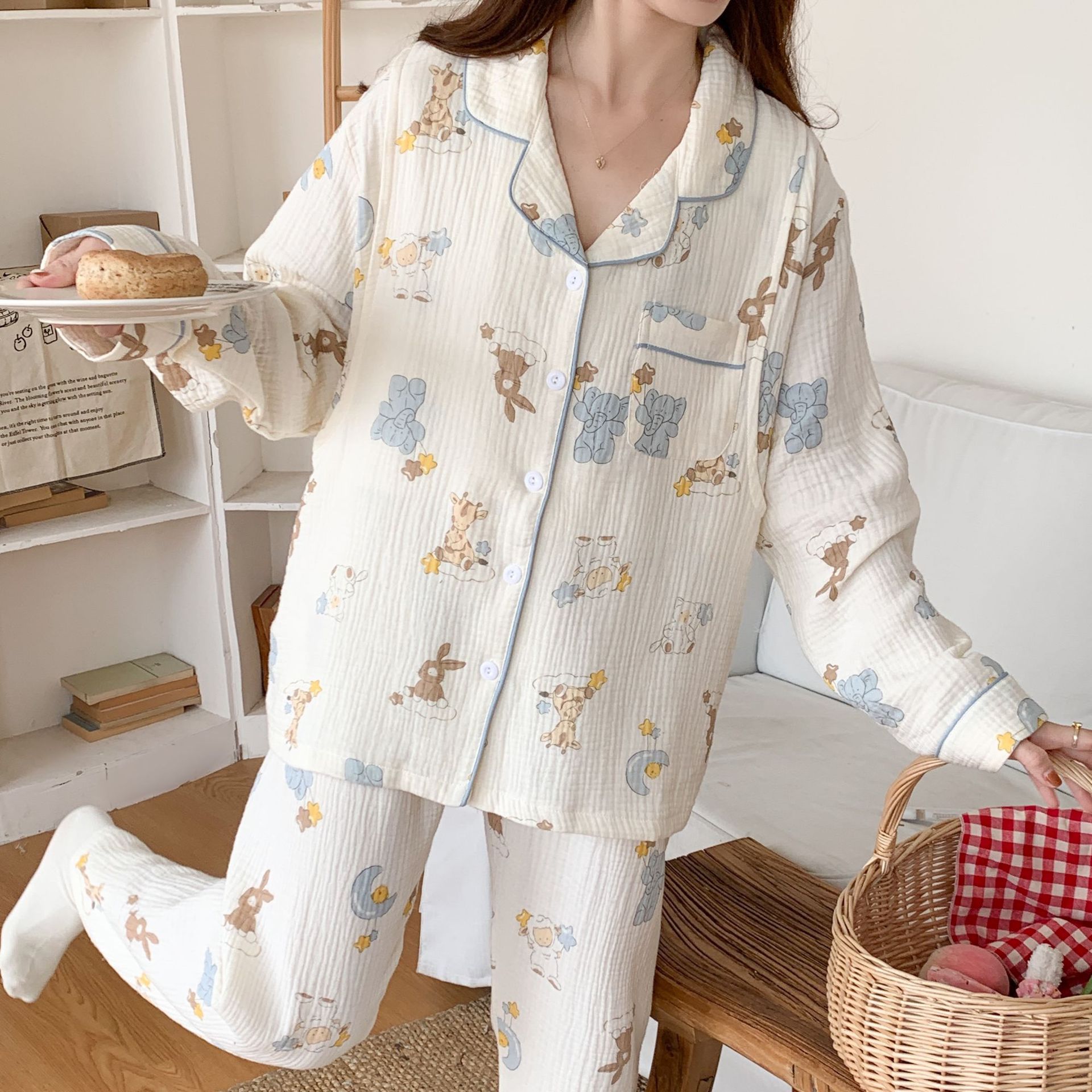 Confinement Clothing Pure Cotton Class a Cotton Yarn Sweat-Absorbent Breathable Spring and Summer Maternity Pajamas Summer Breastfeeding Clothing Spring and Autumn Suit Wholesale