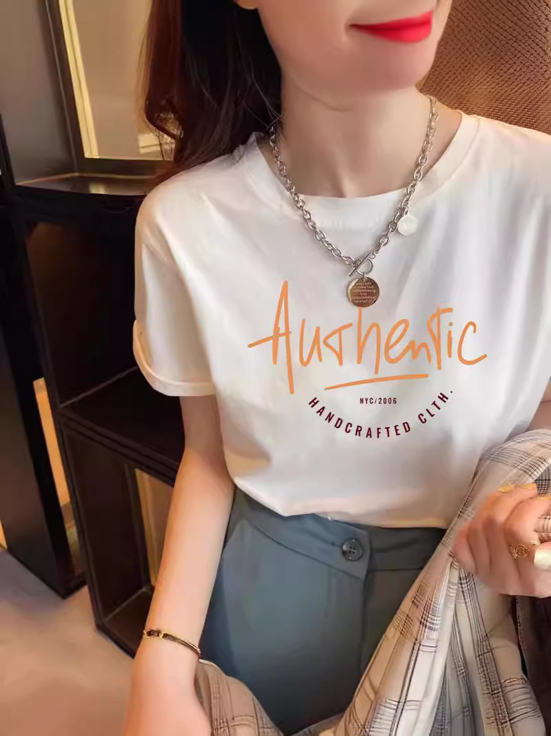 [Recommended] Cotton Heavy Thick White Short Sleeve round Neck T-shirt Women's Half Sleeve 2024 Summer New Loose