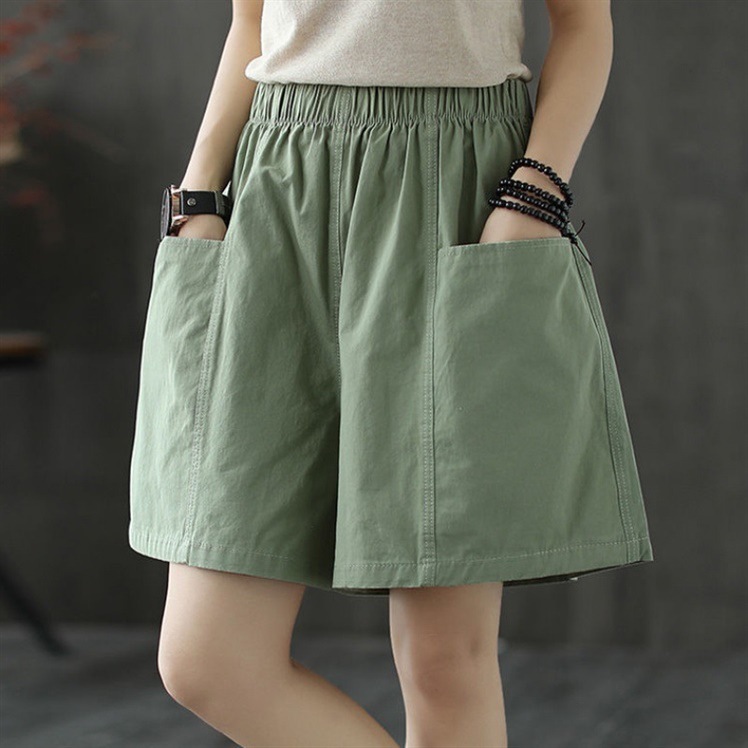 Pocket Shorts Women's Summer Straight Casual Wide-Leg Pants Cotton Loose Cargo Pants Large Size Elastic Waist Outer Wear Shorts